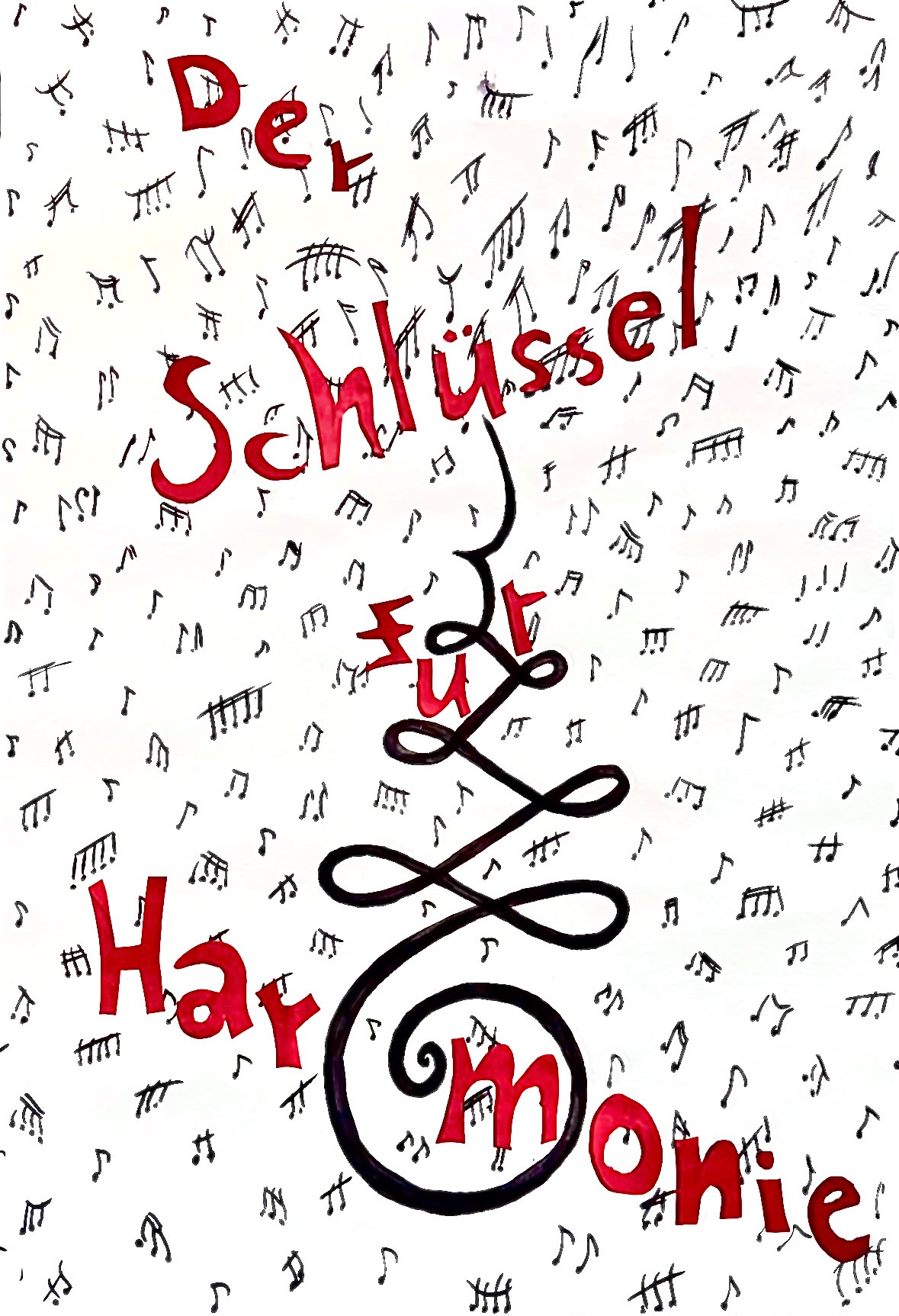 Projektbild Der Schlüssel zur Harmonie mit handgezeichneten Noten und roter Schrift